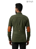 M Hunting Shirt in Olive Green Fabric with Leather Elbow Patches showing back view, CODRAGE HUNTING-13-5028-5