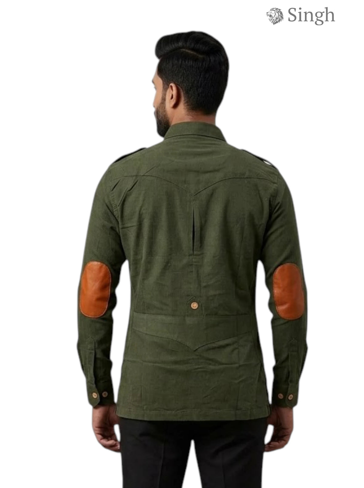 M Hunting Shirt in Olive Green Fabric with Leather Elbow Patches showing back view, CODRAGE HUNTING-13-5028-5