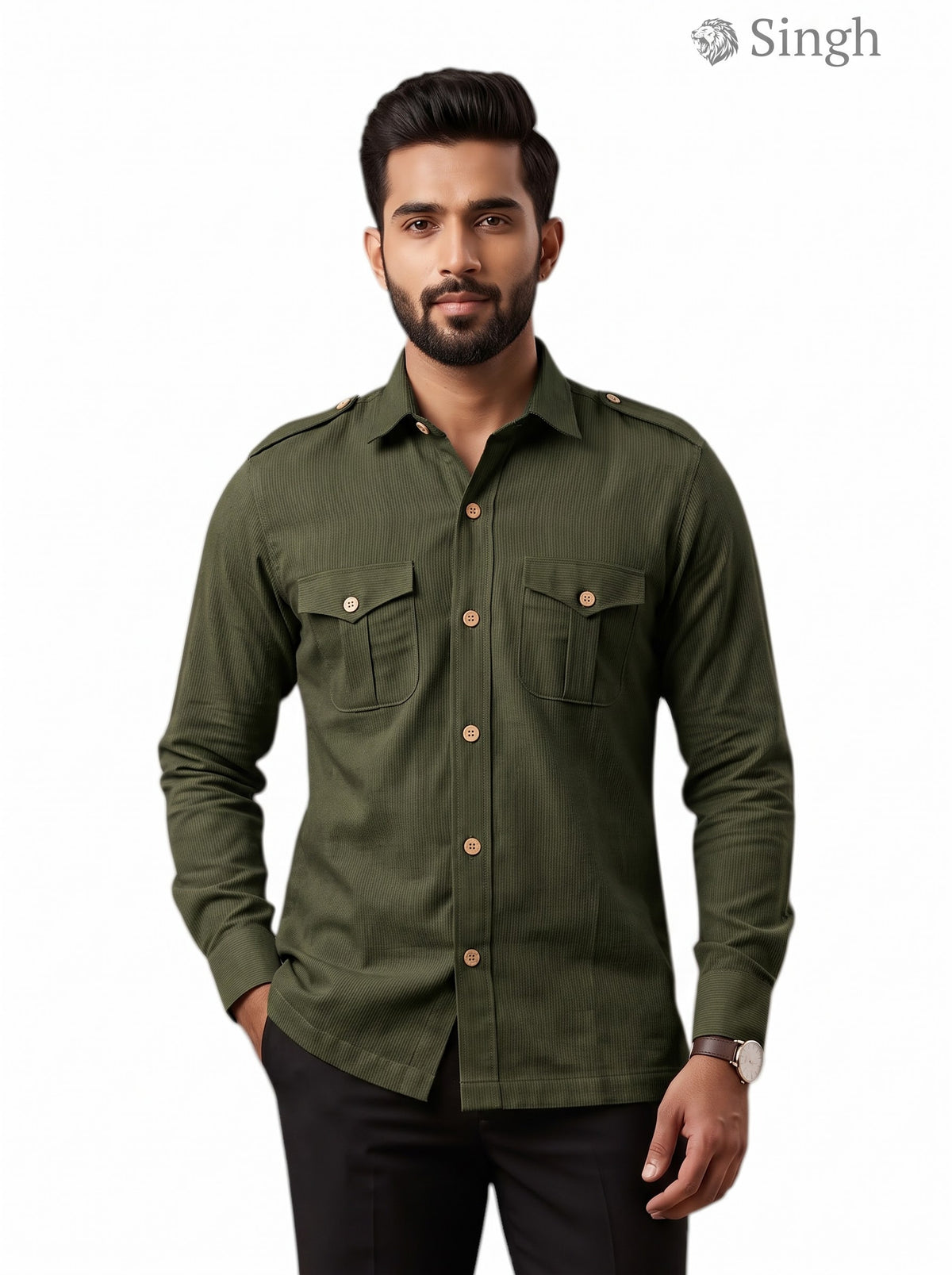 M Hunting Shirt in Olive Green Fabric, Front View featuring CODRAGE HUNTING-13-5028-5