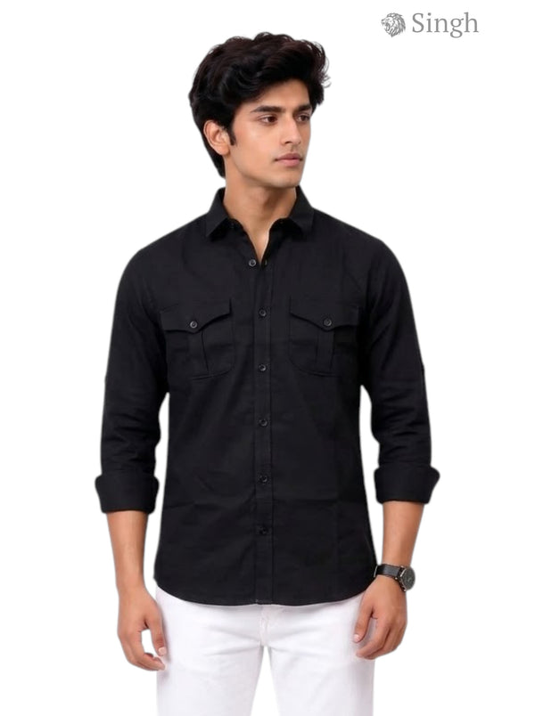 Men's Black Cotton Casual Shirt from SINGH, front view, CODRAGE SHIRTS-13872-2