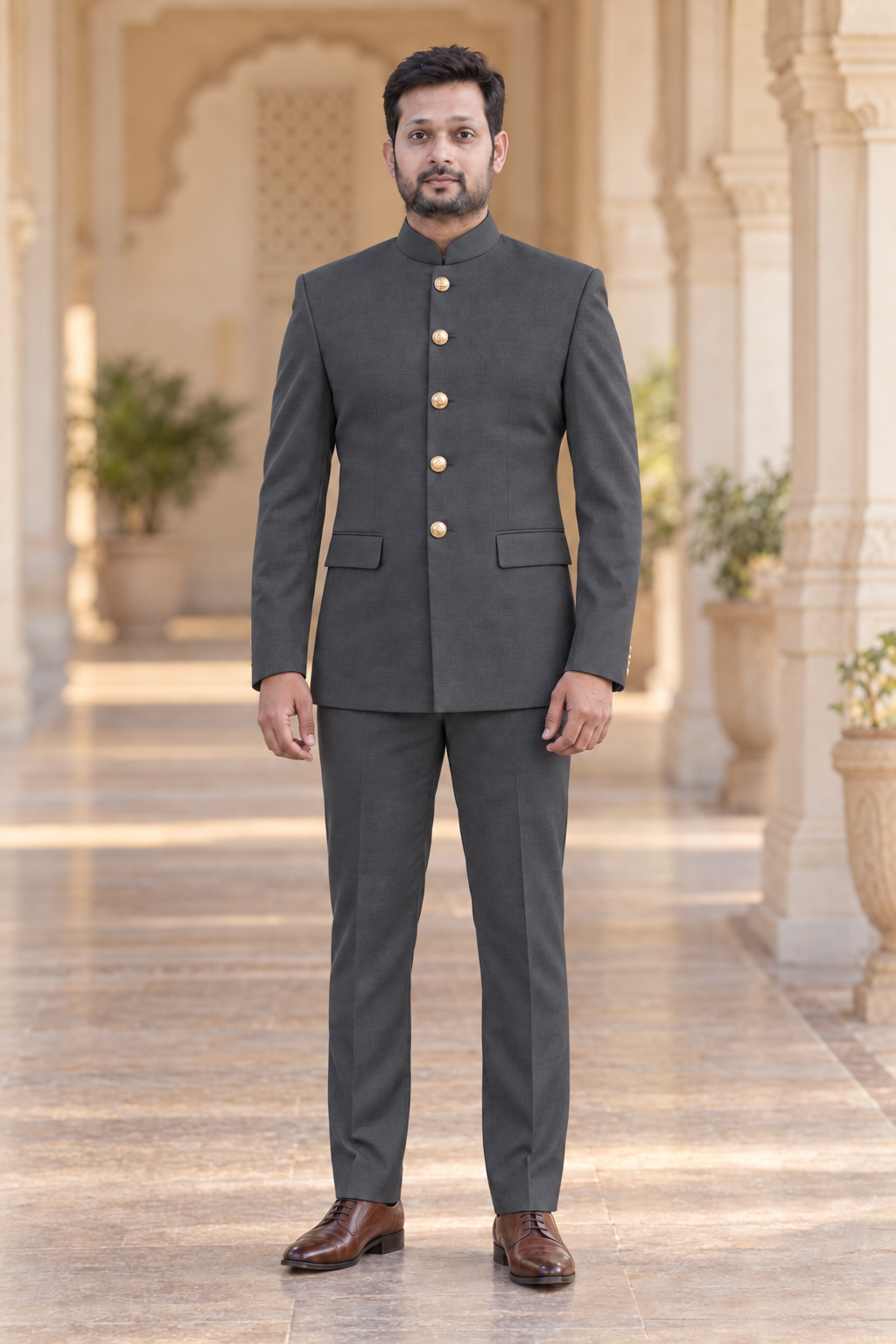 Modern Marwar 5001 Color 1 charcoal normal Jodhpuri suit front view on model