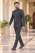 Modern Marwar 5001 Color 1 charcoal normal Jodhpuri suit side walking view on model