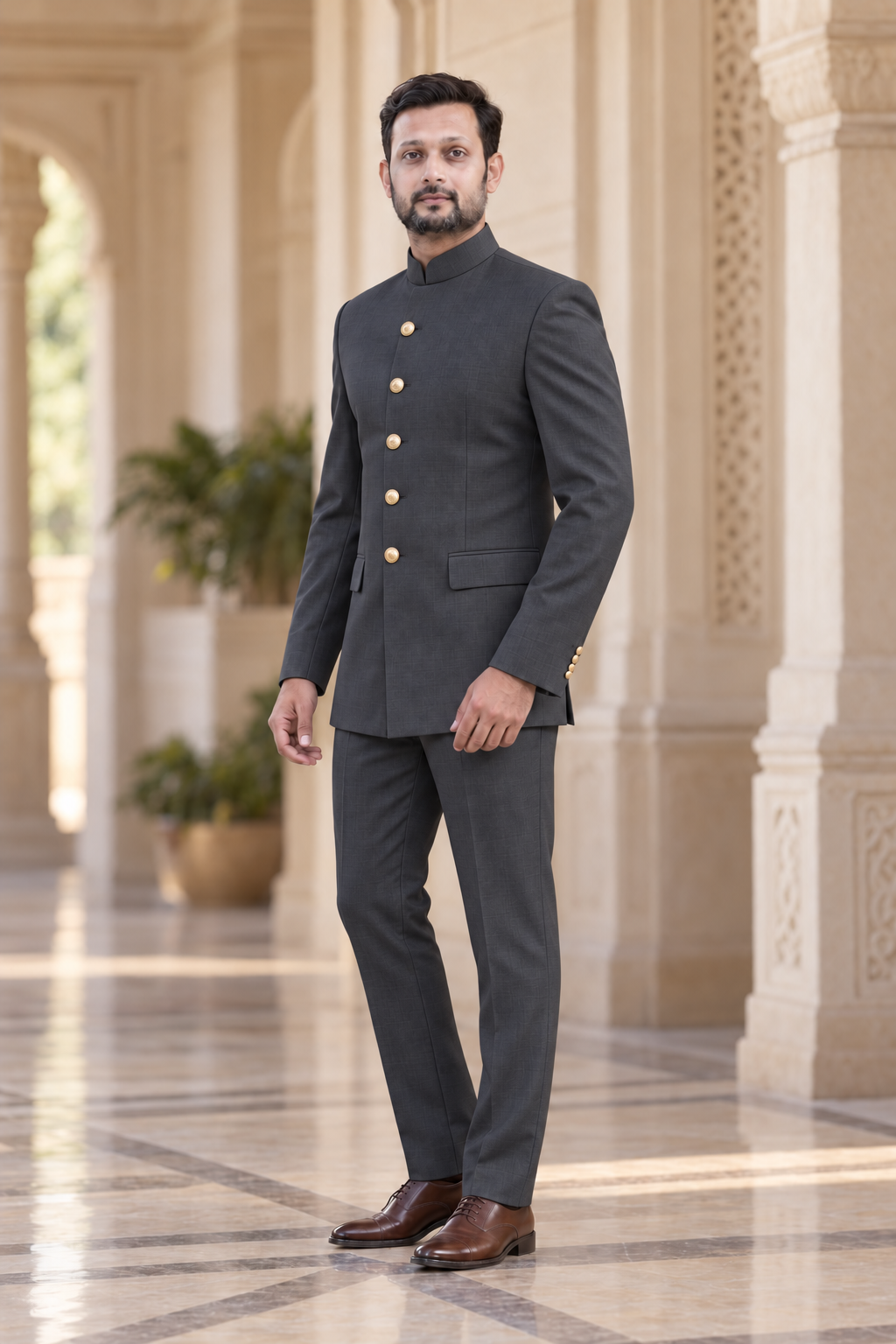 Modern Marwar 5001 Color 1 charcoal normal Jodhpuri suit three-quarter view on model