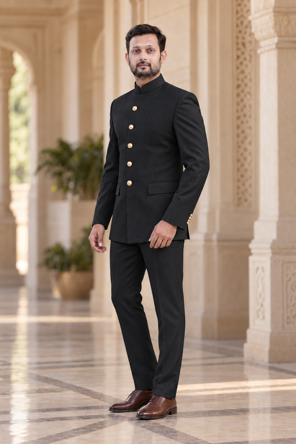 Modern Marwar 5001 Color 11 black normal Jodhpuri suit three-quarter view on model