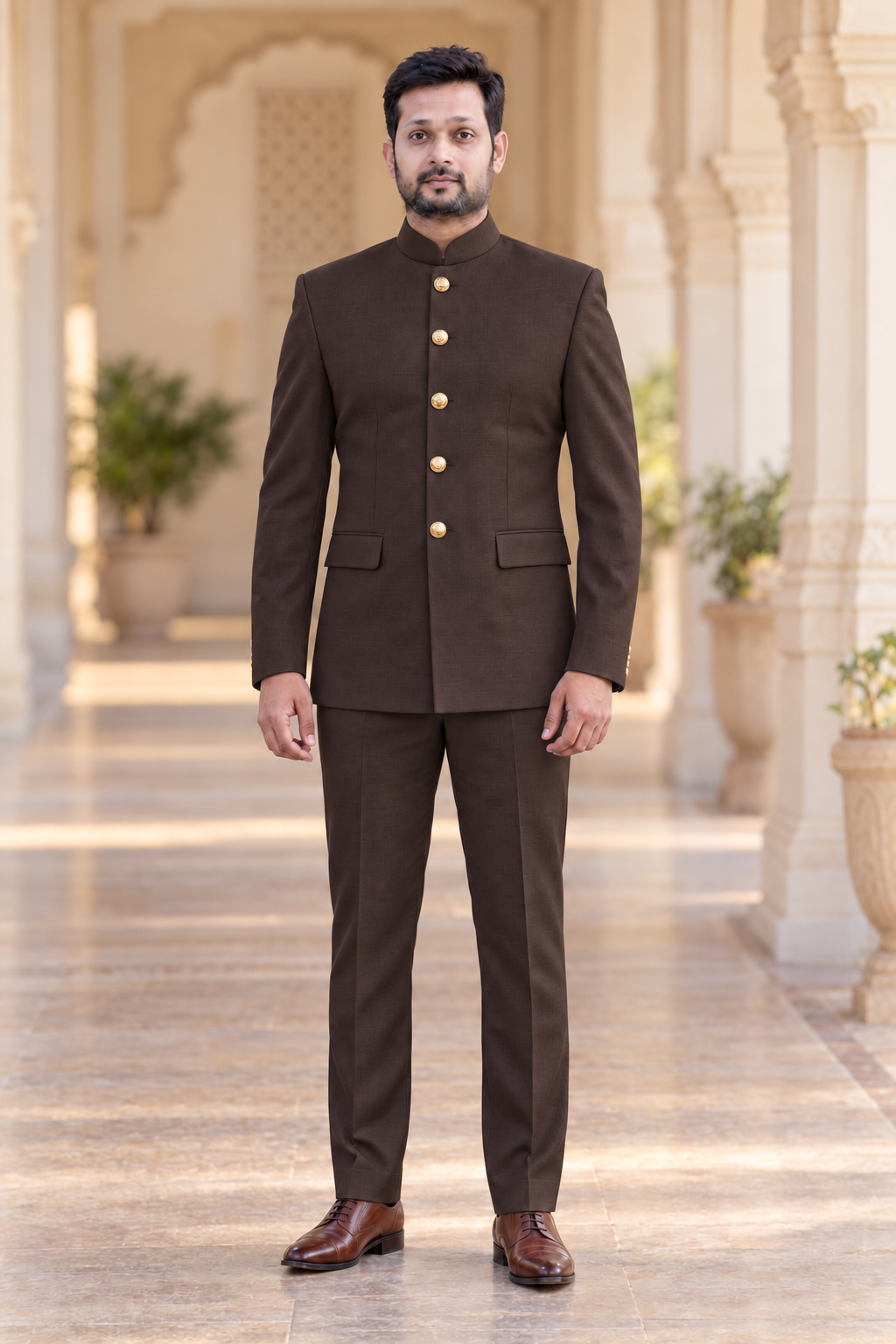 Modern Marwar 5001 Color 12 dark brown normal Jodhpuri suit front view on model