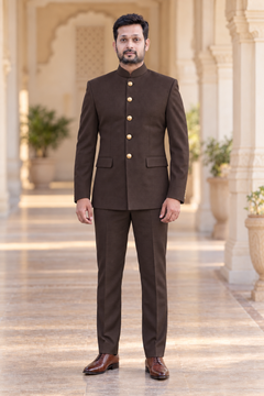 Modern Marwar 5001 Color 12 dark brown normal Jodhpuri suit front view on model