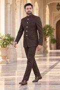 Modern Marwar 5001 Color 12 dark brown normal Jodhpuri suit side walking view on model