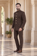 Modern Marwar 5001 Color 12 dark brown normal Jodhpuri suit three-quarter view on model