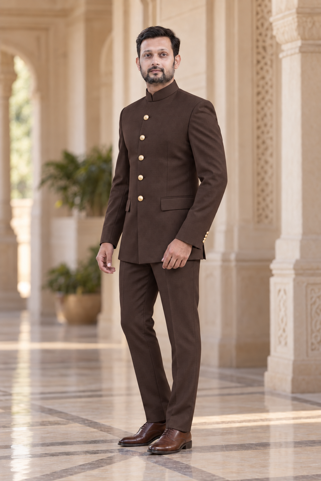 Modern Marwar 5001 Color 12 dark brown normal Jodhpuri suit three-quarter view on model