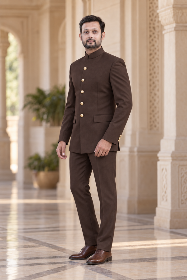 Modern Marwar 5001 Color 12 dark brown normal Jodhpuri suit three-quarter view on model