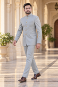 Modern Marwar 5001 Color 14 light grey normal Jodhpuri suit side walking view on model