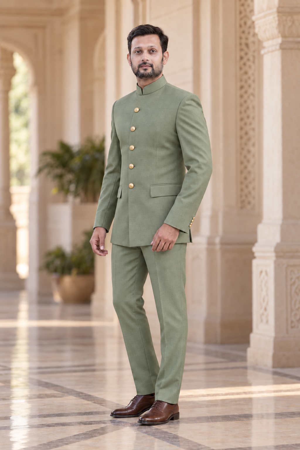 Modern Marwar 5001 Color 2 sage green normal Jodhpuri suit three-quarter view on model