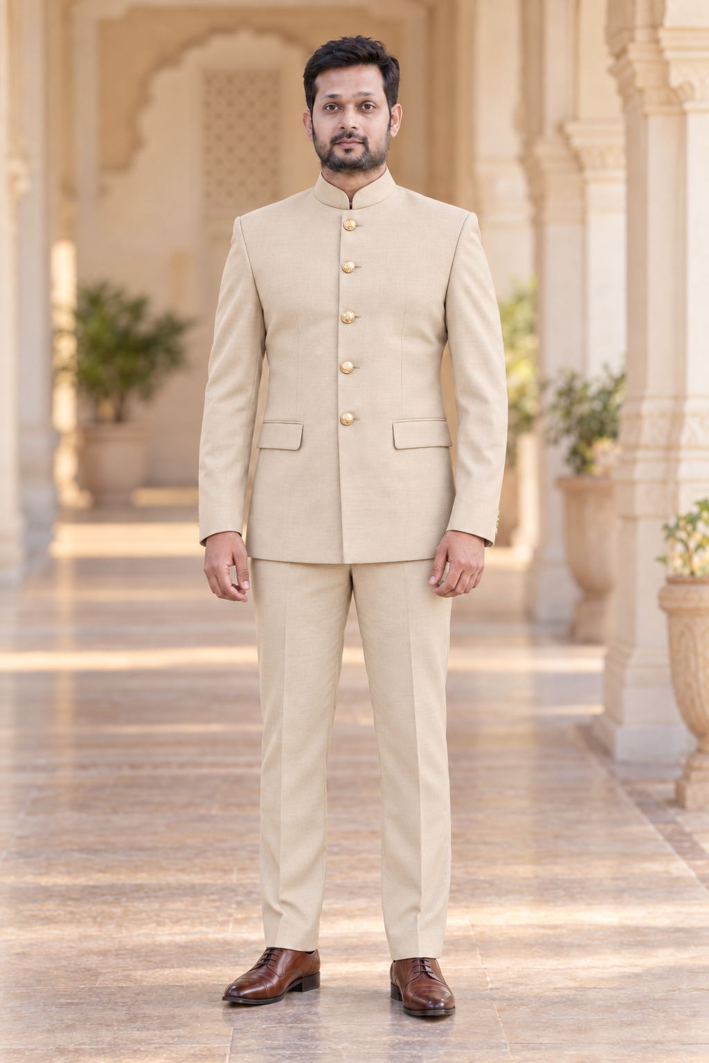 Modern Marwar 5001 Color 6 champagne beige normal Jodhpuri suit front view on model