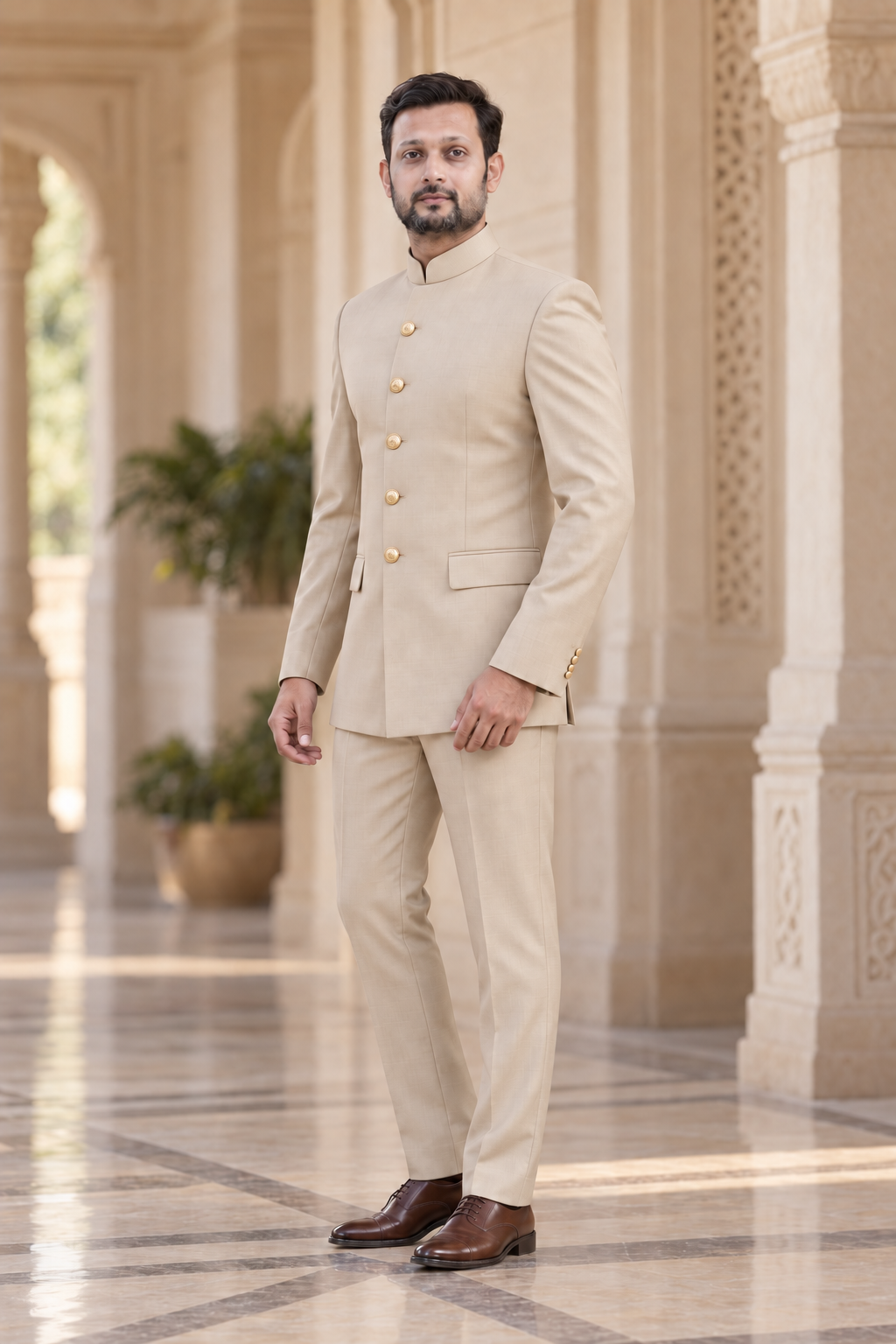 Modern Marwar 5001 Color 6 champagne beige normal Jodhpuri suit three-quarter view on model