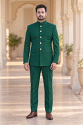 Modern Marwar 5001 Color 7 emerald green normal Jodhpuri suit front view on model