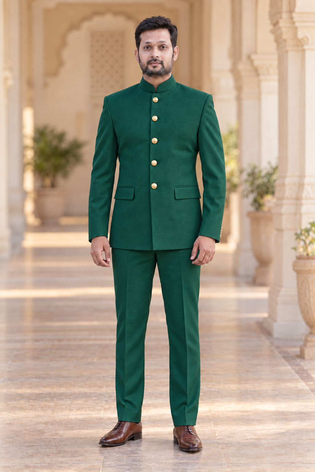 Modern Marwar 5001 Color 7 emerald green normal Jodhpuri suit front view on model