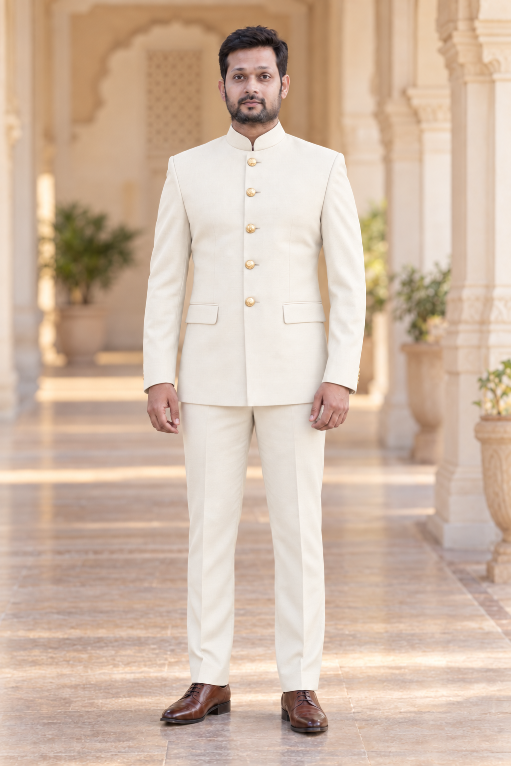 Modern Marwar 5001 Color 8 warm ivory normal Jodhpuri suit front view on model