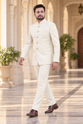 Modern Marwar 5001 Color 8 warm ivory normal Jodhpuri suit side walking view on model