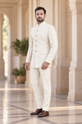 Modern Marwar 5001 Color 8 warm ivory normal Jodhpuri suit three-quarter view on model