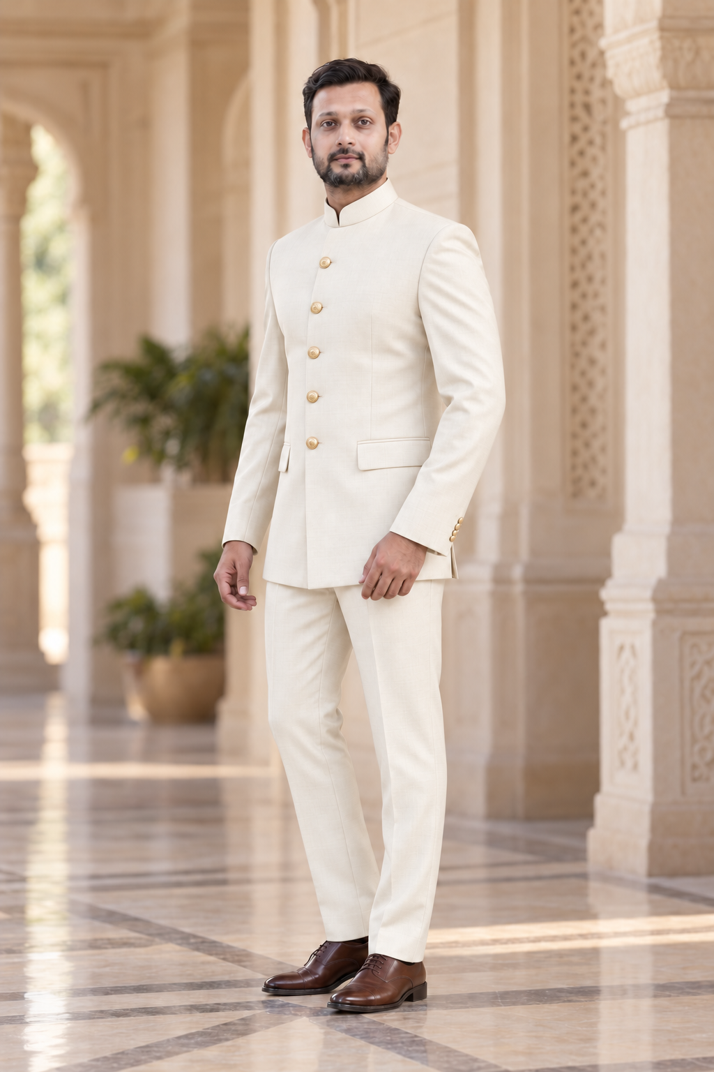 Modern Marwar 5001 Color 8 warm ivory normal Jodhpuri suit three-quarter view on model