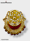 Intricate Modern Marwar designer brooch for wedding attire featuring gold and red accents with sparkling stones