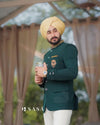 Classic green designer men’s coat suit from MODERN MARWAR with intricate detailing and stylish design