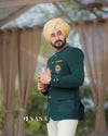 Classic green designer men’s coat suit from MODERN MARWAR with intricate detailing and stylish design