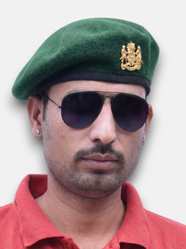 Default green Beret Cap & ranawant Lobo Combo in wool, worn at a slight angle