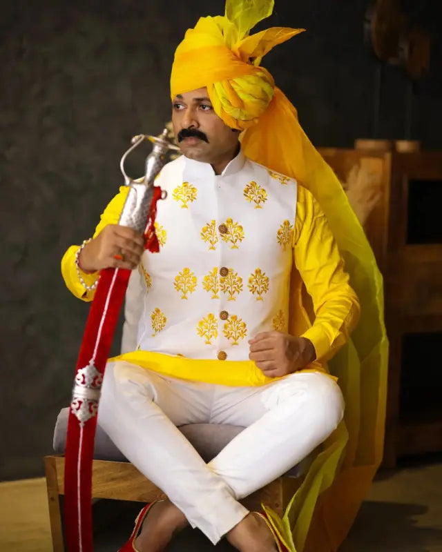Haldi Dress for Men Kurta Pajama And Waistcoat, Modi Jacket