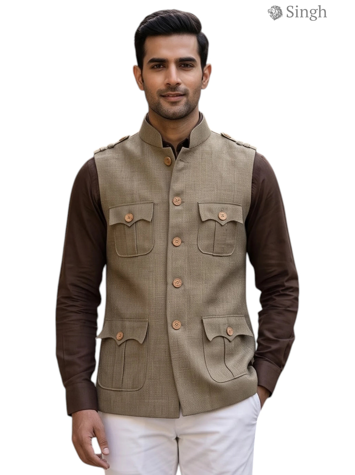 Men's Koti in beige fabric with a tailored fit, featuring pockets. Hunting Jacket(MENS)-1601-1.