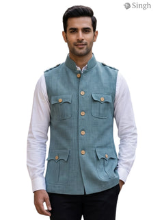 MENS KOTI in teal fabric with button details and pockets, featuring HUNTING JACKET(MENS)-1601-1 style