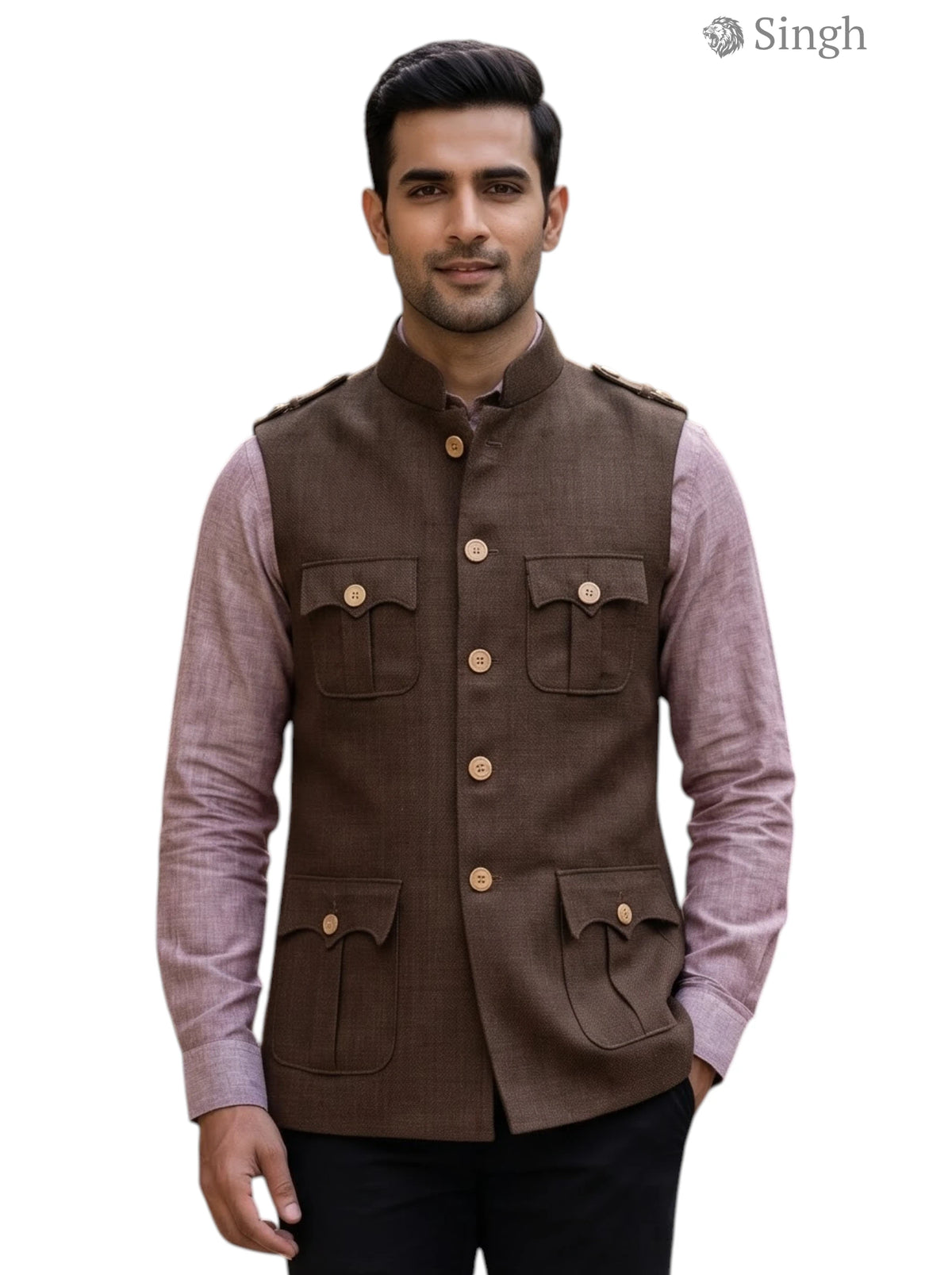 Mens Koti in brown fabric with front pockets viewed from the front, HUNTING JACKET(MENS)-1601-1