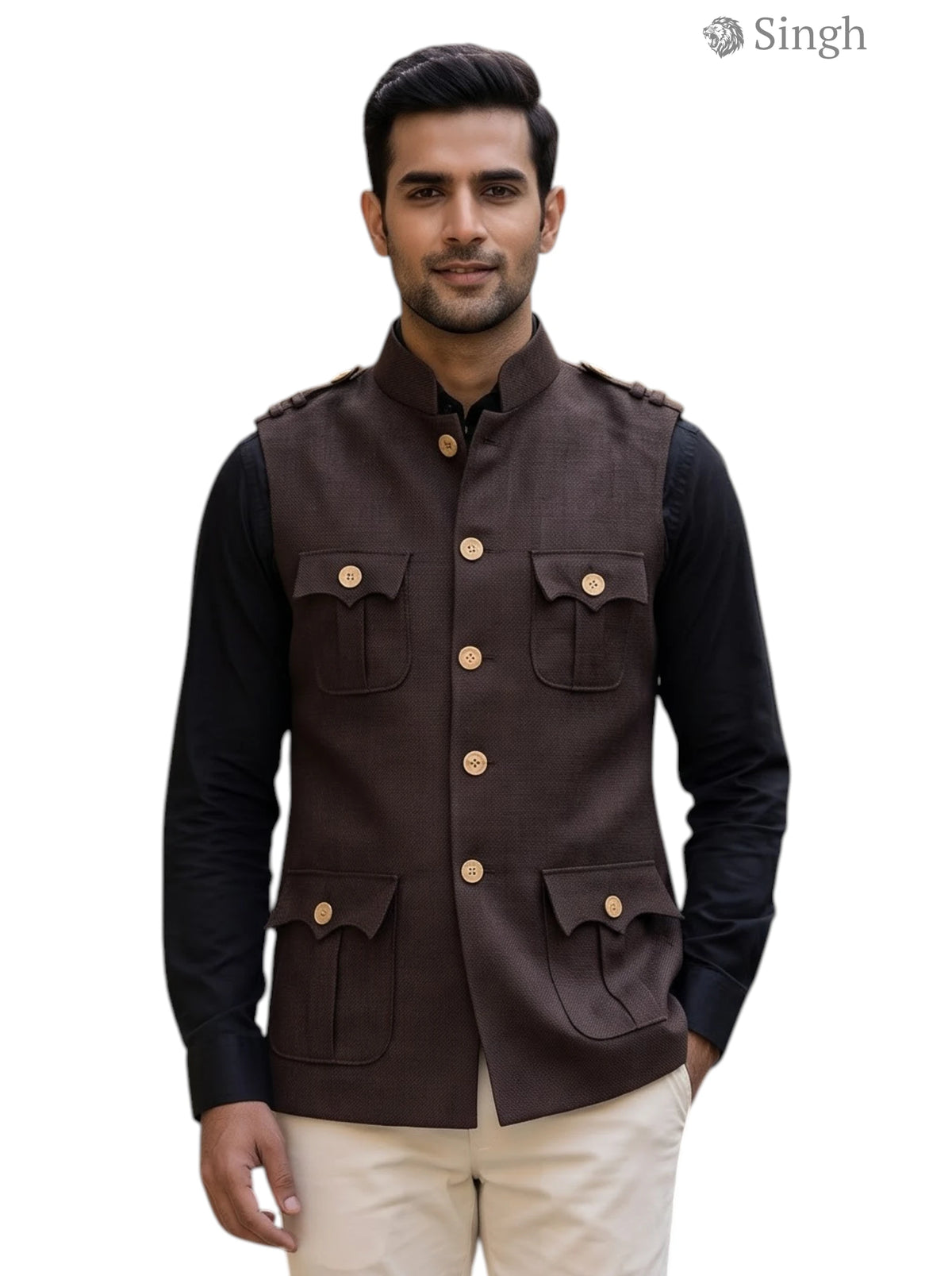 Mens Koti in brown fabric with button closure and pockets, ideal for outdoor use, HUNTING JACKET(MENS)-1601-1