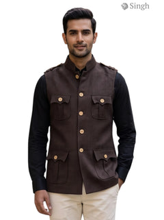 Mens Koti in brown fabric with button closure and pockets, ideal for outdoor use, HUNTING JACKET(MENS)-1601-1