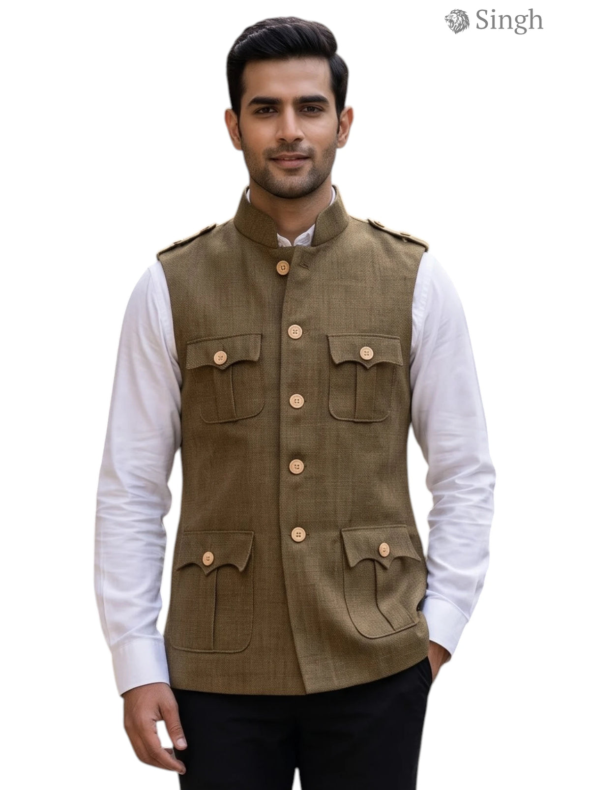 Mens Koti in olive green fabric with pockets featuring HUNTING JACKET(MENS)-1601-1