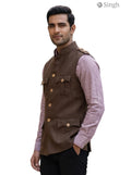 Mens Koti in brown cotton fabric from Singh, side view featuring pockets. Hunting jacket(MENS)-1601-1.
