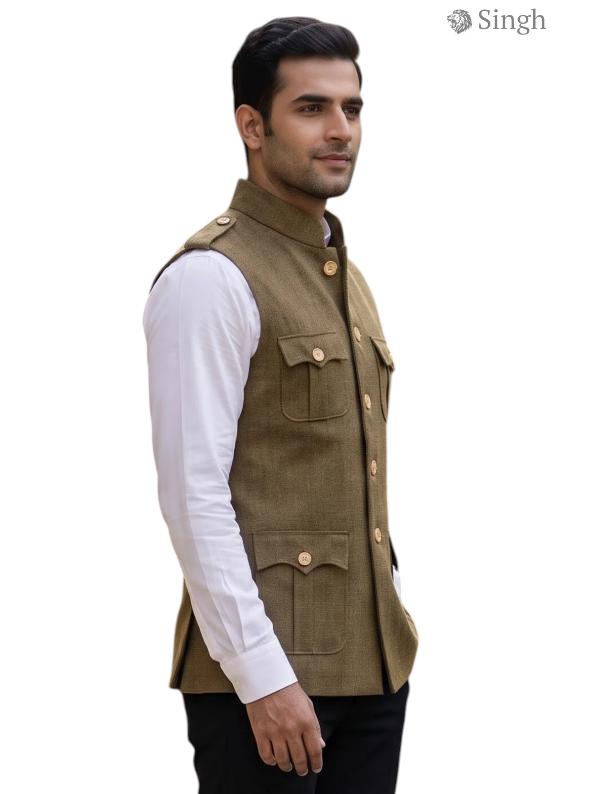 Mens Koti in olive green fabric with a stylish design showcasing multiple pockets, Hunting Jacket(MENS)-1601-1