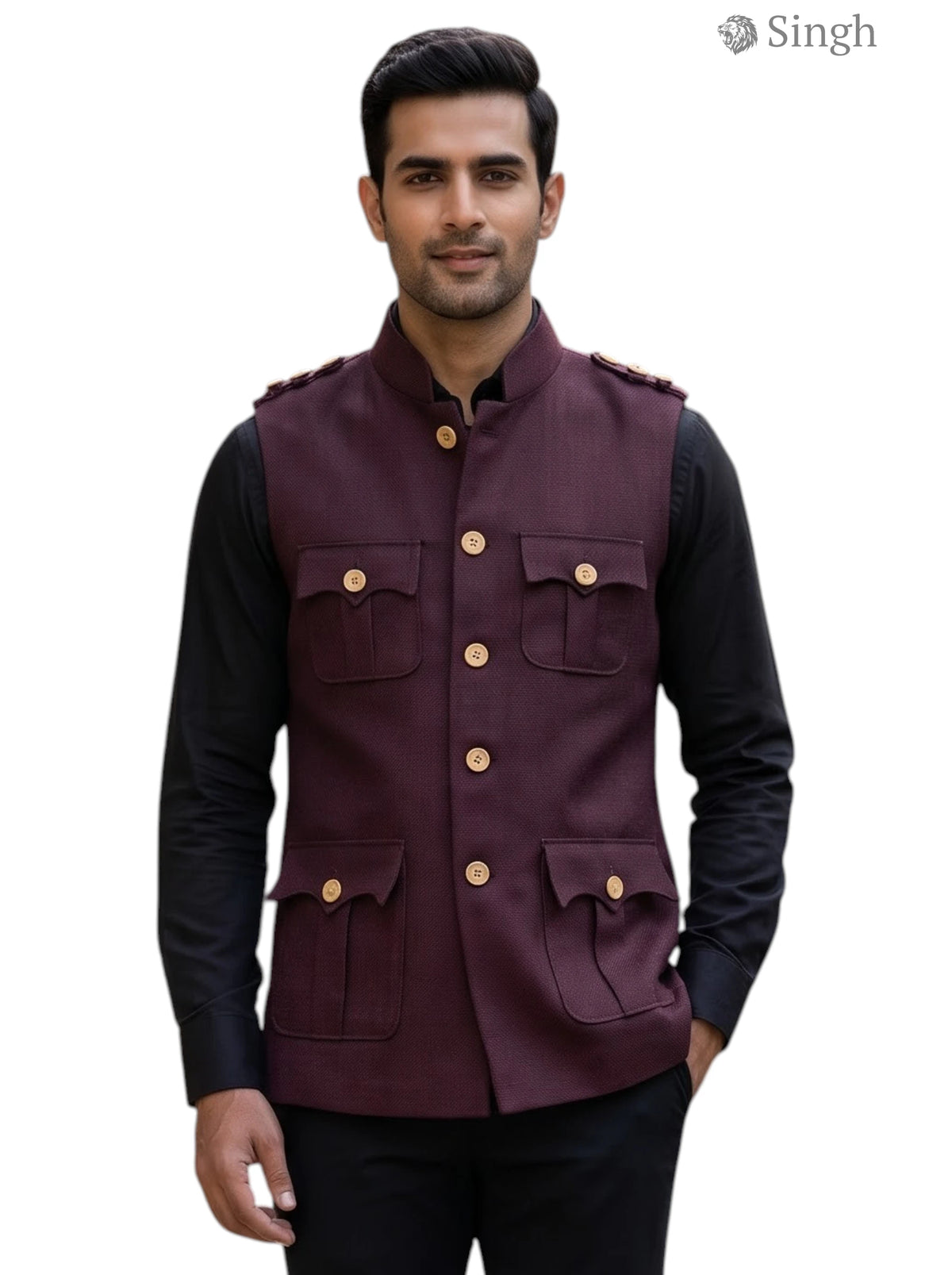 Mens Koti in burgundy fabric with front pockets for outdoor use, featuring HUNTING JACKET(MENS)-1601-1