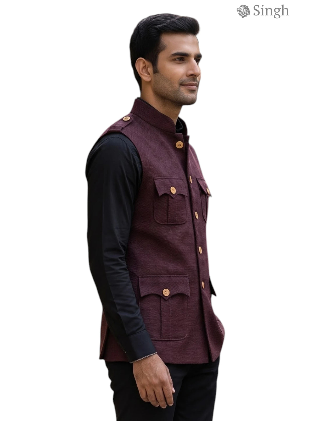 Mens Koti in Burgundy Fabric with Pockets Side Angle, ideal as a HUNTING JACKET(MENS)-1601-1