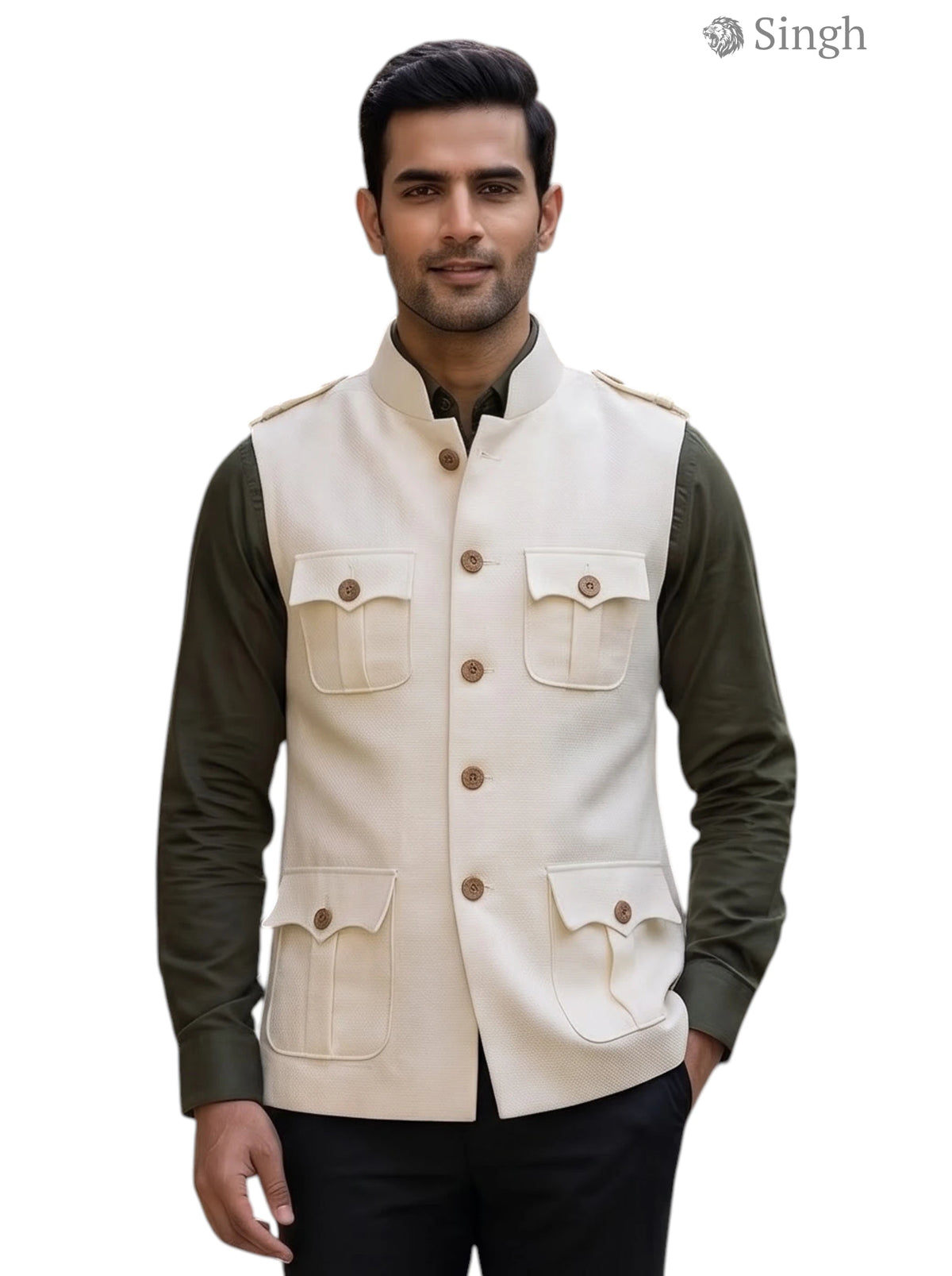 Mens Koti in Beige Cotton from Singh, Front View with Button Closure and Multiple Pockets - HUNTING JACKET(MENS)-1601-1