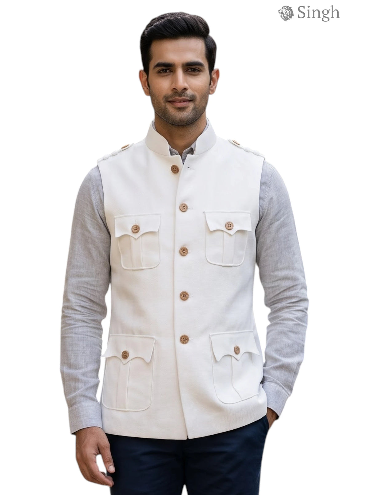 Mens Koti in white cotton with multiple pockets featuring a classic design; HUNTING JACKET(MENS)-1601-1