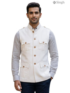 Mens Koti in white cotton with multiple pockets featuring a classic design; HUNTING JACKET(MENS)-1601-1