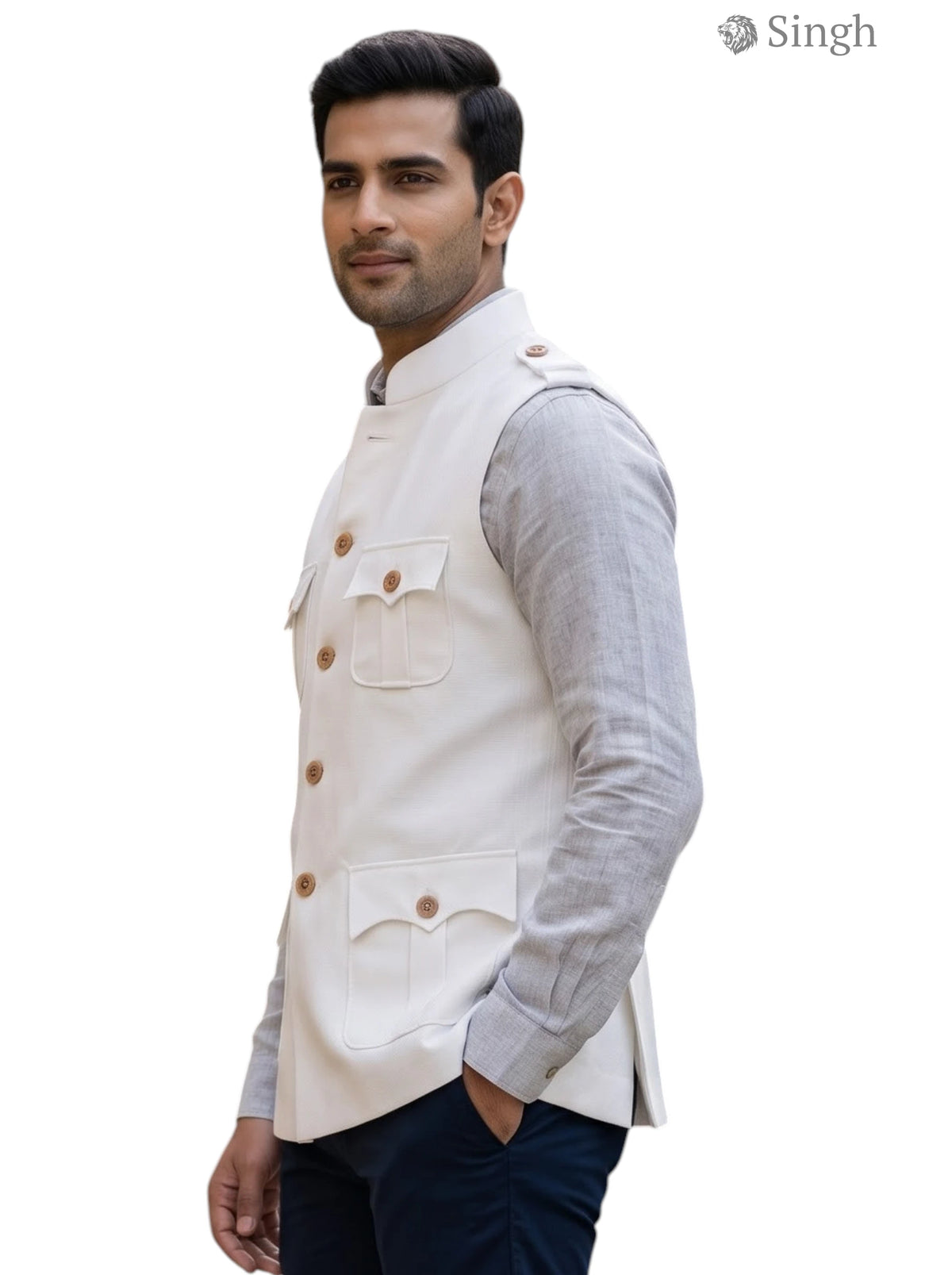 Mens Koti in Beige Fabric Side View with Pockets HUNTING JACKET(MENS)-1601-1