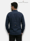 M Shirt in navy blue linen fabric, back view featuring sleek design; Hunting Linen 4P-13-5019