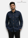 M Shirt in Navy Blue Linen with Four Pockets, Front View of Hunting Linen 4P-13-5019 Shirt