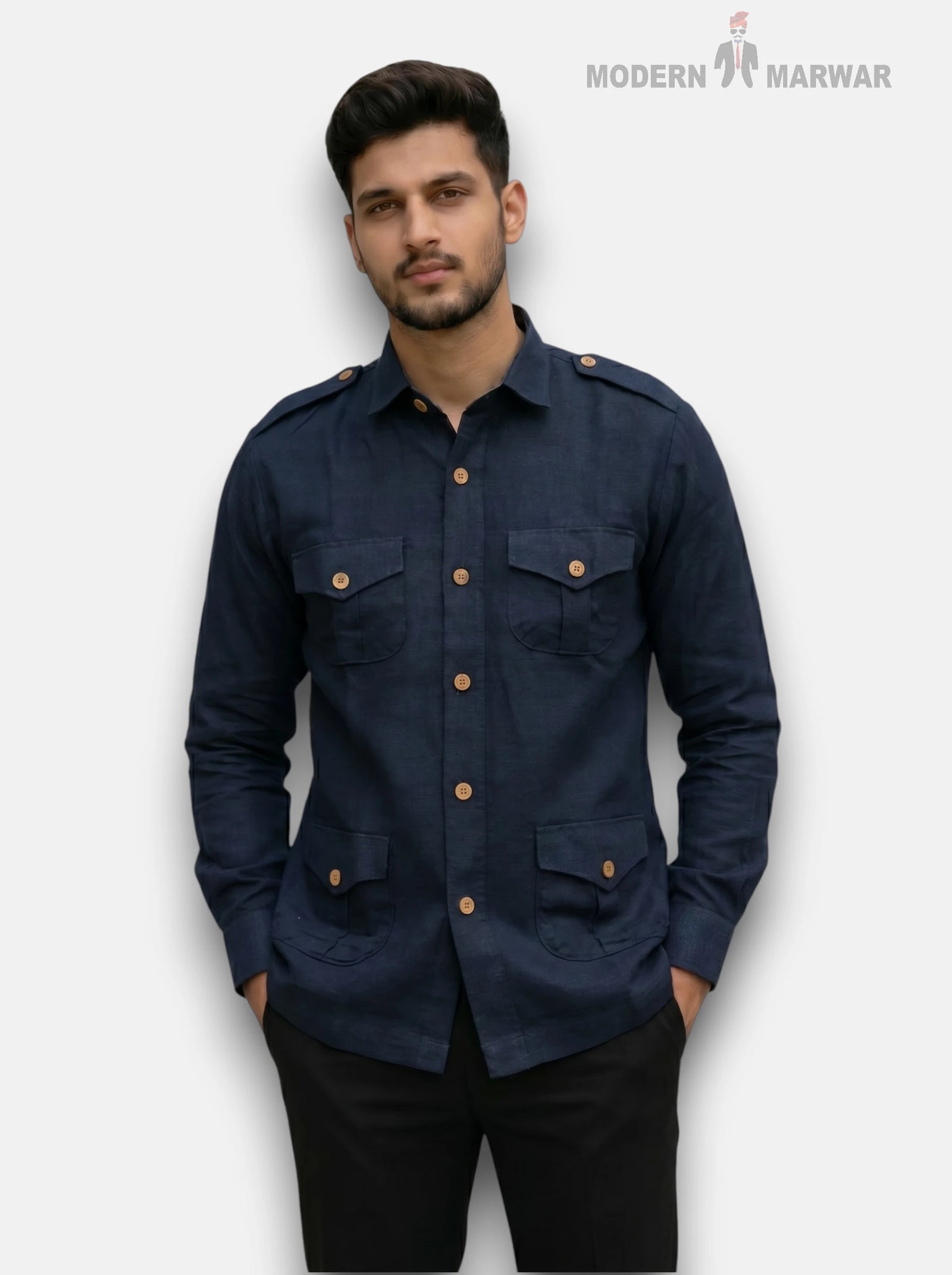 M Shirt in Navy Blue Linen with Four Pockets, Front View of Hunting Linen 4P-13-5019 Shirt