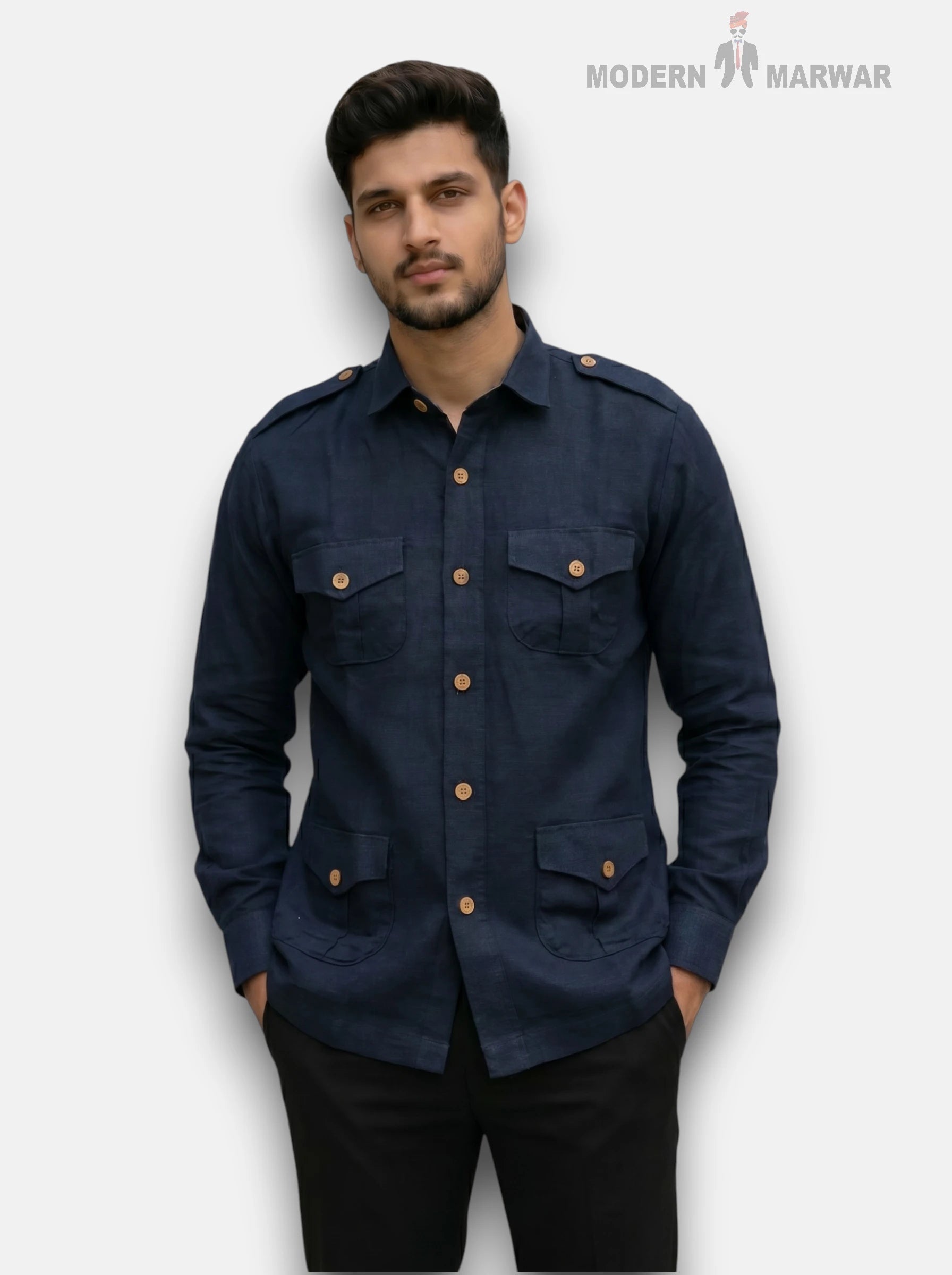 M Shirt in Navy Blue Linen with Four Pockets, Front View of Hunting Linen 4P-13-5019 Shirt