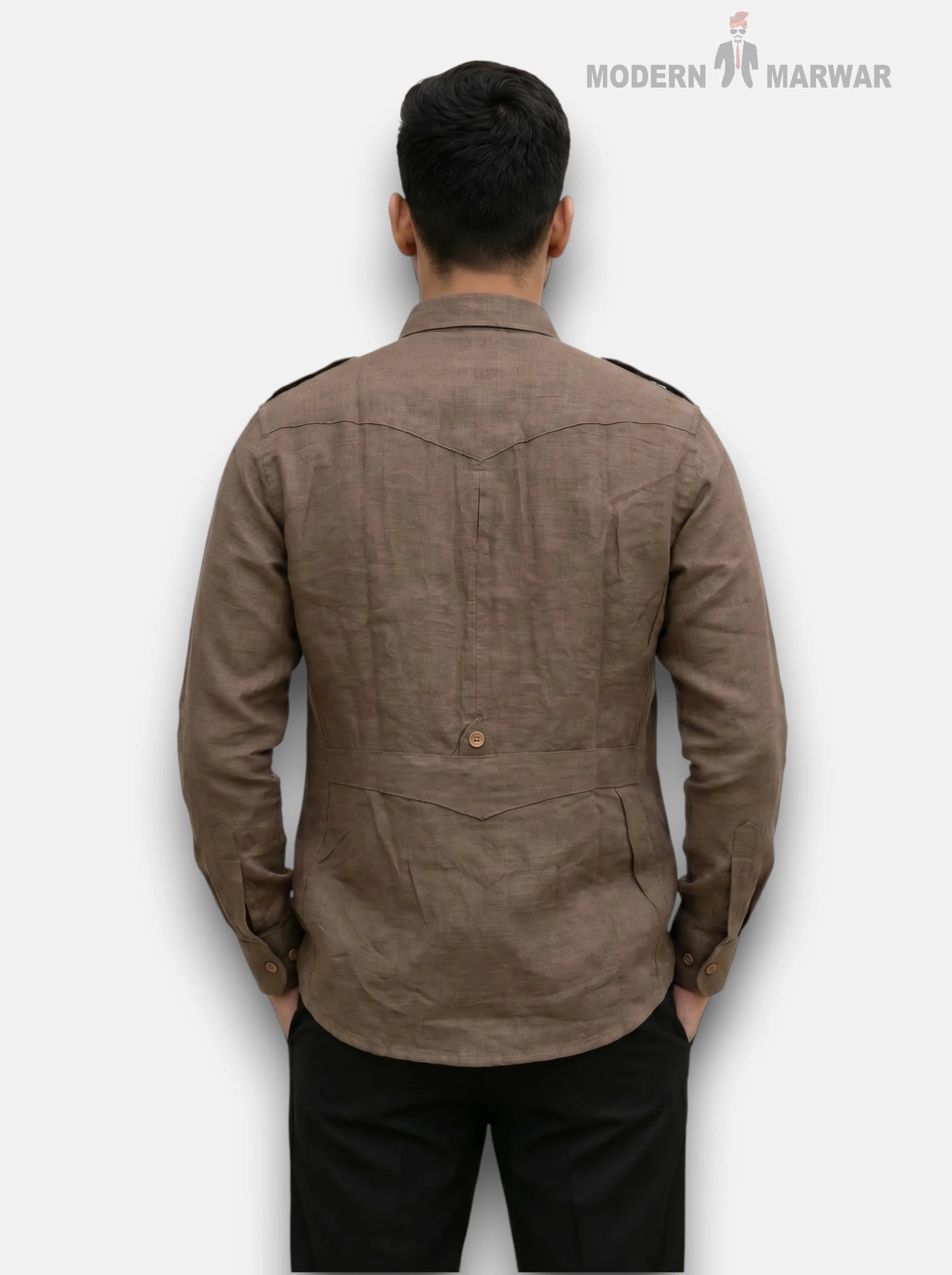 M Shirt in brown linen fabric, back view, featuring Hunting Linen 4P-13-5019 Shirt design