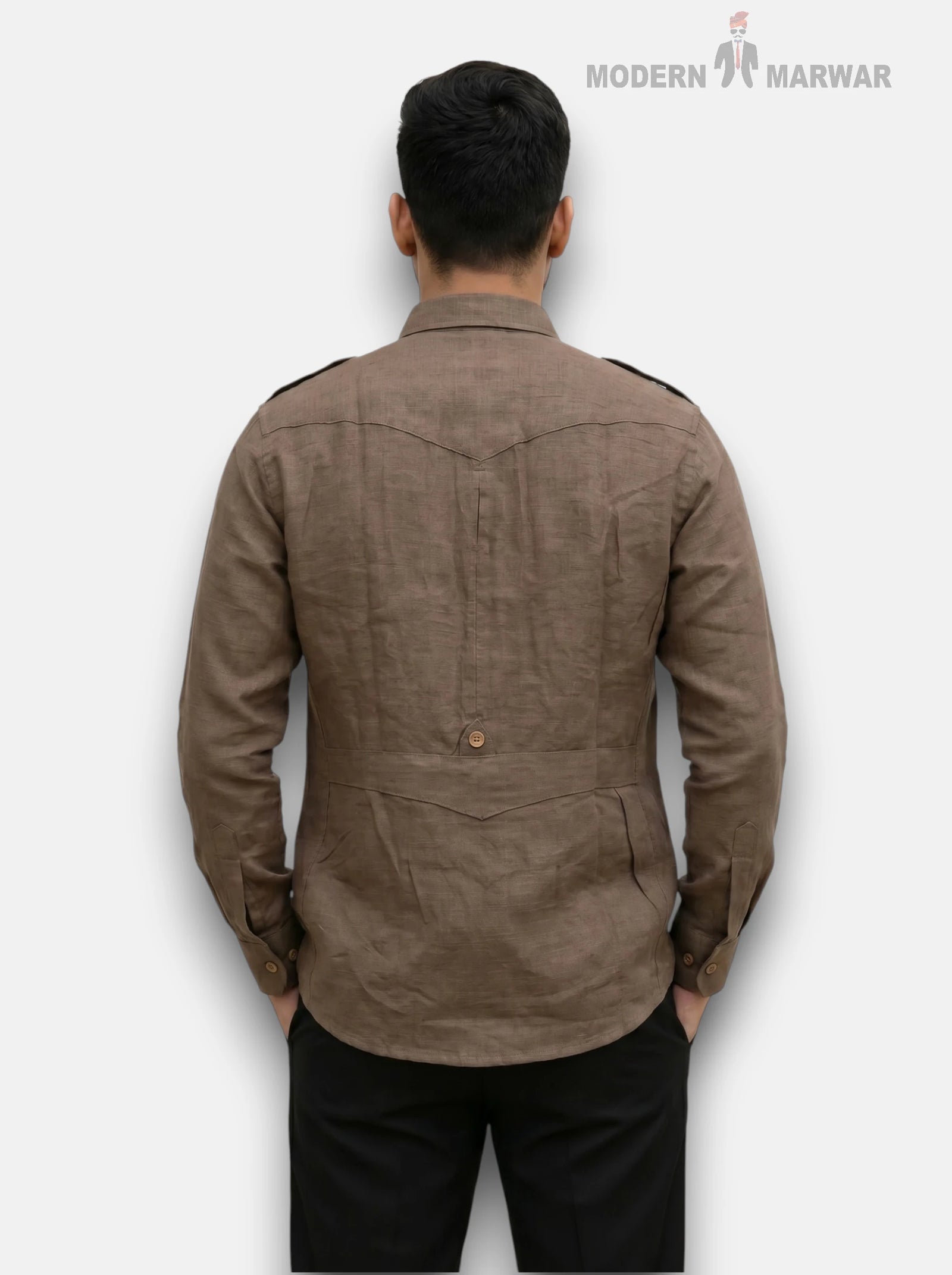 M Shirt in brown linen fabric, back view, featuring Hunting Linen 4P-13-5019 Shirt design