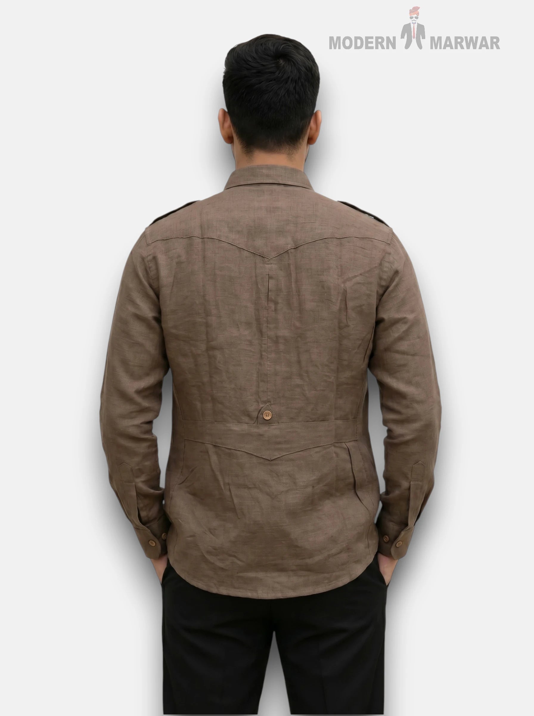 M Shirt in brown linen fabric, back view, featuring Hunting Linen 4P-13-5019 Shirt design